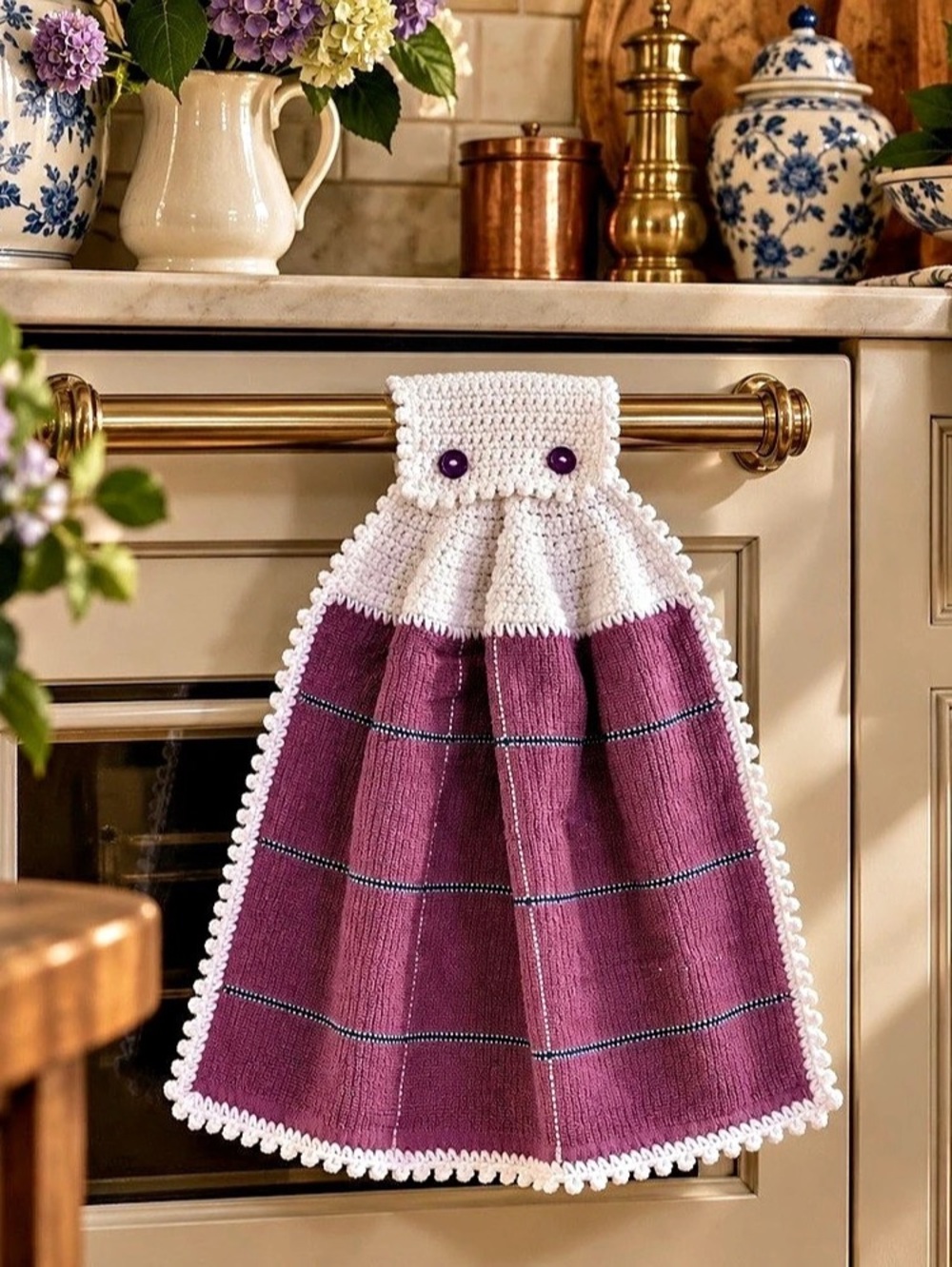 Artisan Handmade Crochet Hanging Kitchen Towel Plum White Ruffled